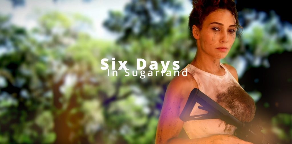 A young woman in a white tank top holding a firearm with the title "Six Days in Sugarland". This image is a pre-visualized look for casting actors for Six Days in Sugarland